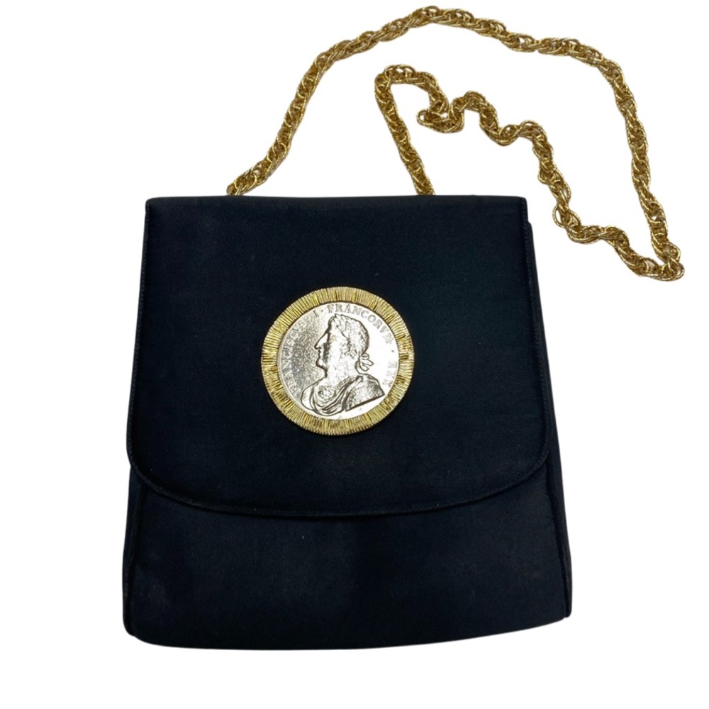 Vintage Morle Black Sateen Gold & Silver Coin Chain Strap Crossbody Purse